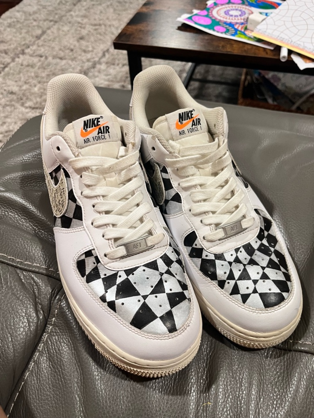 Nike Air Force 1 White, Silver & Black Customized, Mens 8.5/Womens 10